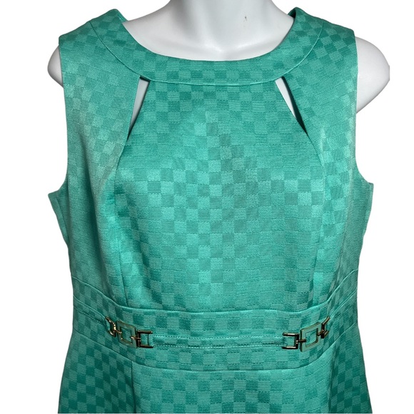 Tahari X Arthur S. Levine Aqua Checkered Green Belted Structured Sheath Dress - Picture 2 of 9